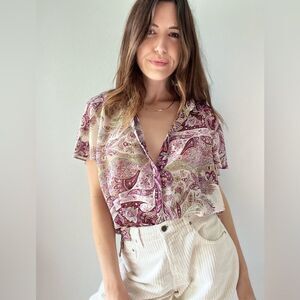 90s Paisley Floral Purple Flutter Sleeve Emma James By Liz Claiborne Top